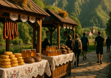 Smaki Pogranicza – drewniane stragany z oscypkami, miodem i kiełbasą nad Dunajcem w Sromowcach Wyżnych, Pieniny